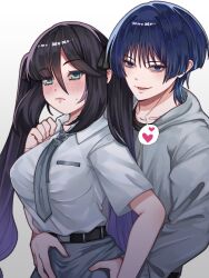1boy 1girl absurdres alternate_costume aqua_eyes arm_at_side arms_at_sides bags_under_eyes behind_another belt black_belt black_bow black_hair black_shirt black_undershirt blouse blue_hair blunt_bangs blunt_ends blush bow breast_pocket buckle casual choppy_bangs clenched_hand closed_mouth collared_shirt colored_tips contemporary cover drawstring eyelashes formal_clothes genshin_impact gradient_hair grey_hood grey_hoodie grey_lips grey_necktie grey_skirt grey_sleeves hair_between_eyes hair_bow hand_up hands_on_another&#039;s_hips heart hetero highres hood hood_down hoodie koviiy lipgloss long_hair long_sleeves looking_at_another mona_(genshin_impact) multicolored_hair necktie open_mouth pink_lips pocket purple_eyes purple_hair ribbed_sleeves scaramouche_(genshin_impact) shirt short_sleeves sidelocks skirt smile snap-fit_buckle speech_bubble sweatdrop swept_bangs tsurime twintails white_background white_shirt white_sleeves