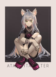 1girl absurdres ahoge animal_ear_fluff animal_ears artist_name atalanta_(fate) atalanta_alter_(fate) black_choker black_collar black_nails black_shirt black_shoes blouse border bracelet casual cat_ears character_name choker closed_mouth collar commentary_request cross-laced_footwear crossed_ankles dated fate_(series) finger_tattoo fingernails green_eyes grey_background highres jewelry knees knees_up long_fingernails long_hair looking_at_viewer nail_polish outside_border platform_shoes print_shirt punk shirt shoelaces shoes short_sleeves signature silver_hair simple_background sitting solo studded_bracelet studded_collar t-shirt tattoo thighs tsukimiya_akira v-neck very_long_hair