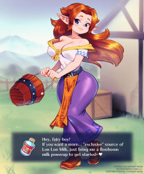 1girl :3 absurdres bare_shoulders belt black_belt blue_eyes boots brown_boots bucket closed_mouth collarbone commentary commentary_request crate dialogue_box english_text fanbox_username full_body grass heel_up highres holding holding_bucket light_blush long_hair long_skirt looking_at_viewer malon neckerchief nintendo off-shoulder_shirt off_shoulder orange_hair outdoors patreon_username pelvic_curtain pointy_ears purple_skirt shirt shirt_tucked_in skirt solo standing subscribestar_username supersatanson the_legend_of_zelda the_legend_of_zelda:_ocarina_of_time triforce white_shirt wooden_bucket yellow_neckerchief