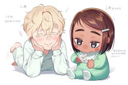 1boy 1girl aged_down alien_stage baby bib black_eyes closed_mouth colored_eyelashes commentary english_commentary hair_ornament hairclip head_on_hand highres holding_pacifier hyuna_(alien_stage) luka_(alien_stage) lying ninoude_(yt7lkhimeo6t7lv) on_stomach pacifier shirt short_hair smile translation_request white_shirt