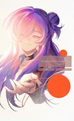 Rule 34 | 1girl, anshango, black choker, blush, choker, closed eyes, commentary, english text, female shez (fire emblem), fire emblem, fire emblem: three houses, fire emblem warriors: three hopes, hair bun, hair over one eye, highres, holding, long hair, nintendo, purple hair, reaching, reaching towards viewer, single hair bun, smile, solo, white background