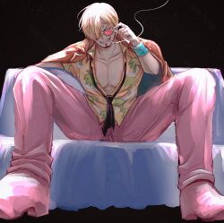 Rule 34 | 1boy, absurdres, black necktie, cigarette, curly eyebrows, facial hair, hair over one eye, hawaiian shirt, highres, male focus, mustache stubble, n 3202, necktie, one piece, pants, pink-tinted eyewear, pink pants, pink shoes, sanji (one piece), shirt, shoes, smoking, solo, stubble, sunglasses, tinted eyewear