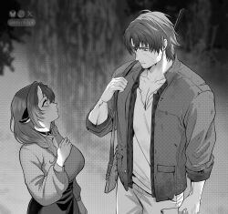 1boy 1girl animal_ears artist_name bluesky_logo breasts cow_ears degrees_of_lewdity eden_(degrees_of_lewdity) eden_(male)_(degrees_of_lewdity) greyscale highres instagram_logo jacket krimkopi large_breasts looking_at_another monochrome open_clothes open_jacket pants player_character_(degrees_of_lewdity) player_character_(female)_(degrees_of_lewdity) shirt short_hair small_horns twitter_x_logo