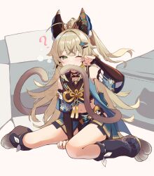 1girl ? ahoge aisu_(i_ce_pinon_pino) animal_ears arm_support black_shirt blonde_hair blue_jacket blue_skirt blush cardboard cat_ears cat_girl cat_tail commentary_request flower_knot gauntlets genshin_impact green_eyes hair_ornament highres jacket kirara_(genshin_impact) long_hair looking_at_viewer mouth_hold multiple_tails one_eye_closed paw_shoes pleated_skirt ponytail rubbing_eyes shirt simple_background sitting skirt solo star_(symbol) star_hair_ornament tail wariza watermark white_background