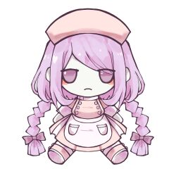 1girl apron blush_stickers bow braid buttons closed_mouth colored_skin expressionless fumo_(doll) funamusea hat highres linaria_purpurea long_hair nurse_cap pink_hat pocket purple_bow purple_eyes purple_hair sam_(sillylinariafan) simple_background sitting solo spread_legs twin_braids white_apron white_background white_skin