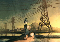 1girl ahoge aqua_eyes aqua_hair aqua_sailor_collar aqua_skirt bag bird black_sky building chicken commentary_request converse gradient_sky highres hill holding holding_bag jimini_shijimi landscape looking_down neckerchief no_pupils orange_neckerchief orange_sky original pleated_skirt power_lines reflection reflective_water rural sailor_collar scenery school_bag school_uniform serafuku shirt short_hair short_sleeves sidelocks skirt sky solo sunrise transmission_tower walking white_shirt wide_shot