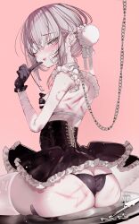 1-gou_(111touban) bandages black_dress black_gloves black_panties blood blood_stain blush chain choker dress finger_to_mouth fork gloves green_eyes hair_between_eyes hair_bun highres knife looking_back one_eye_closed open_mouth original panties simple_background sitting sleeveless teeth_print thighhighs underwear