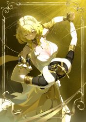 Rule 34 | 1girl, absurdres, aglaea (honkai: star rail), ancient greek clothes, blonde hair, breast tattoo, breasts, cleavage, closed eyes, commentary request, dancing, dress, garmentmaker (honkai: star rail), gold tattoo, greco-roman clothes, highres, honkai: star rail, honkai (series), large breasts, laurel crown, mannequin, mochooo oo, short hair, smile, solo, tattoo, thread, white dress, yellow nails
