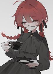 1girl absurdres black_nails black_ribbon black_shirt black_skirt closed_mouth collared_shirt cup glasses hair_between_eyes hair_ribbon highres holding holding_saucer long_hair long_sleeves myomuron nail_polish original red_hair ribbon saucer semi-rimless_eyewear shirt simple_background skirt teacup