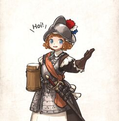1girl apron armor black_dress blue_eyes breastplate brown_gloves brown_hair commentary cowboy_shot cuirass cup curly_hair dress dutch_text english_commentary faulds froth gloves hat_ornament highres holding holding_cup ironlily lace_trim looking_at_viewer medium_hair morion mug neck_ribbon open_mouth orange_sash original outstretched_hand ribbon scabbard sheath simple_background solo standing sword weapon white_apron
