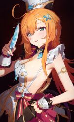 1girl :p absurdres black_background black_bow black_bowtie blue_eyes blue_gemstone blush bow bowtie breasts chef_hat cleavage closed_mouth escoffier_(genshin_impact) fingernails fork_hair_ornament gem genshin_impact hair_between_eyes hand_on_own_hip hand_up hat heart heart_in_eye highres holding holding_knife ice knife long_hair medium_breasts orange_hair parted_lips red_bow solo syhan symbol_in_eye tongue tongue_out very_long_hair white_hat white_wrist_cuffs wrist_cuffs