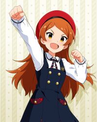 1girl :d arm_up beret black_dress blush breasts buttons clenched_hands collar collared_shirt cowboy_shot diagonal-striped_ribbon dot_nose dress elementary_schoolmate_(idolmaster) emblem hand_up hat idolmaster idolmaster_million_live! idolmaster_million_live!_theater_days long_hair long_sleeves looking_at_viewer neck_ribbon official_alternate_costume official_art ogami_tamaki open_mouth orange_eyes orange_hair parted_bangs pinafore_dress pocket red_hat ribbon round_collar shirt sidelocks sleeveless sleeveless_dress small_breasts smile solo v-shaped_eyebrows white_collar