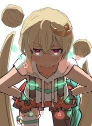 1girl asymmetrical_legwear black_gloves black_thighhighs blonde_hair blush breasts cleavage crown detached_hair detached_hood double_bun facial_mark gloves green_ribbon hair_between_eyes hair_bun hands_on_own_hips highres jitome kashiwaoishi leaning_forward long_hair looking_at_viewer mini_crown red_eyes red_skirt reject_(esports) ribbon skirt solo star-shaped_pupils star_(symbol) symbol-shaped_pupils thighhighs tooko_(vtuber) twintails very_long_hair virtual_youtuber white_background white_thighhighs