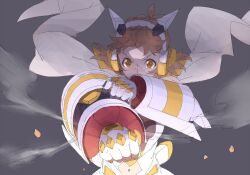 Rule 34 | 1girl, brown hair, clenched hand, grey background, headset, looking at viewer, mokutan mmmm, senki zesshou symphogear, solo, tachibana hibiki (symphogear), upper body, yellow eyes