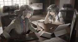 2girls :/ absurdres blue_eyes blue_shirt breasts brown_hair cactus chair chinese_commentary closed_mouth collared_shirt commentary_request film_grain fingernails folder formal_clothes green_hair highres holding jacket lamp marker monitor multiple_girls necktie notebook office office_chair open_mouth original plant potted_plant qiangjitong shirt stylus suit suit_jacket swivel_chair tablet_pc watch whiteboard window wristwatch