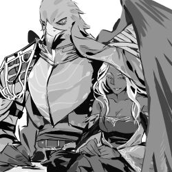 1boy 1girl animal_head armor beak bird_boy breastplate breasts cleavage closed_eyes cowboy_shot dress elden_ring elden_ring_nightreign greyscale guardian_(elden_ring) hat highres jean10santa long_hair monochrome pauldrons plate_armor recluse_(elden_ring) shoulder_armor simple_background sitting smile wings witch witch_hat