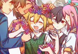 Rule 34 | 2girls, 4boys, antenna hair, aubrey (faraway) (omori), aubrey (omori), bailan1130, basil (faraway) (omori), basil (omori), black eyes, black hair, black sweater vest, blonde hair, blue hairband, blue sweater, blush, bright pupils, brothers, brown eyes, brown hair, closed eyes, closed mouth, collared shirt, dark-skinned male, dark skin, dated, flower, green sweater vest, grey eyes, grin, hair flower, hair ornament, hairband, happy birthday, head wreath, hero (faraway) (omori), hero (omori), heterochromia, highres, jacket, kel (faraway) (omori), kel (omori), long hair, long sleeves, looking at another, mari (omori), mari (spirit) (omori), multiple boys, multiple girls, omori, open mouth, pink hair, shirt, short hair, short sleeves, siblings, smile, spoilers, sunny (omori), sweater, sweater vest, teeth, upper teeth only, white jacket, white pupils, white shirt