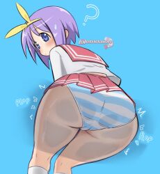 1girl ? against_glass ass ass_focus blue_background blue_eyes blush bow closed_mouth from_below hair_bow hiiragi_tsukasa huge_ass looking_at_viewer lucky_star mad_mex panties pleated_skirt pov purple_hair red_sailor_collar red_skirt sailor_collar school_uniform serafuku shirt short_hair simple_background skirt solo striped_clothes striped_panties thick_thighs thighs underwear watermark white_serafuku white_shirt yellow_bow