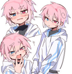 1boy absurdres blue_eyes blush embarrassed heterochromia highres hood hoodie laughing long_sleeves looking_at_viewer male_focus original pink_hair raito-kun_(uenomigi) red_eyes short_hair solo thick_eyebrows translation_request uenomigi white_background white_hoodie