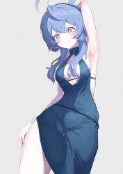 1girl absurdres ako_(blue_archive) ako_(dress)_(blue_archive) anger_vein angry arm_behind_back arm_behind_head arm_up armpits blue_archive blue_eyes blue_hair blush breasts crane666 highres long_hair looking_at_viewer medium_breasts official_alternate_costume official_alternate_hairstyle parted_lips sideboob simple_background solo sweat white_background