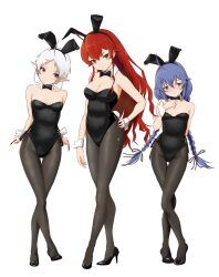 3girls ahoge alternate_costume animal_ears arms_behind_back black_bow black_bowtie black_footwear black_leotard black_pantyhose blue_eyes blue_hair blush bow bowtie braid breasts bunny_day c: cleavage commentary_request crossed_legs detached_collar elf eris_greyrat fake_animal_ears fake_tail female_focus frown full_body hair_between_eyes hairband hand_on_own_hip hand_up high_heels highleg highleg_leotard highres large_breasts leotard loli long_hair looking_at_viewer matching_hair/eyes matching_outfits multiple_girls mushoku_tensei orange_eyes pantyhose pointy_ears rabbit_ears rabbit_tail red_eyes red_hair rora_(user_vgpk4444) roxy_migurdia short_hair simple_background small_breasts smile standing stiletto_heels strapless strapless_leotard sylphiette_(mushoku_tensei) tail thigh_gap thighs traditional_bowtie twin_braids very_long_hair watson_cross white_background white_hair white_sleeve_cuffs wrist_cuffs