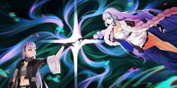 2girls :o absurdres ak-alfa_(girls&#039;_frontline) bare_arms black_gloves blue_eyes blue_hair breasts cleavage coat crop_top dress expressionless fingerless_gloves floating from_side girls&#039;_frontline girls&#039;_frontline_2:_exilium girls&#039;_frontline_neural_cloud gloves gradient_hair hand_up highres hubble_(neural_cloud) large_breasts long_hair looking_at_another midair midriff mk_xlviii multicolored_hair multiple_girls navel open_clothes open_coat reaching reaching_towards_another short_dress small_breasts smile streaked_hair tololo_(girls&#039;_frontline_2) very_long_hair white_dress white_hair yellow_eyes