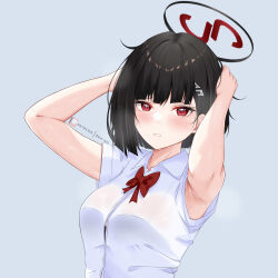 1girl :o absurdres aged_down amai-pai armpits arms_up bare_arms black_bra black_hair blue_archive blunt_ends blush bow bowtie bra bra_peek bra_visible_through_clothes breasts commentary english_commentary halo hands_on_own_head highres looking_at_viewer medium_breasts patreon_username red_bow red_bowtie red_eyes rio_(blue_archive) shirt short_hair short_sleeves simple_background solo sweat underwear up_sleeve white_shirt