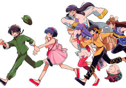 3boys 3girls bag black_hair black_pants black_shoes blue_eyes blue_hair bowl braid brown_hair clenched_teeth coke-bottle_glasses commentary dress food frilled_dress frills glasses green_hat green_pants green_shirt hairband happosai hat hibiki_ryouga holding holding_bowl kuonji_ukyou long_hair long_sleeves mousse_(ranma_1/2) multiple_boys multiple_girls noodles open_mouth pants pantyhose pink_dress purple_hair ramen ranma_1/2 red_hairband red_shoes round_eyewear running sanamaru_(sana79261827) saotome_ranma shampoo_(ranma_1/2) shirt shoes short_hair shoulder_bag simple_background single_braid sleeveless sleeveless_dress sleeves_past_fingers sleeves_past_wrists teeth tendou_akane white_background yellow_shirt