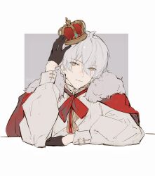 Rule 34 | 1boy, absurdres, alternate costume, black gloves, border, cape, commentary, crown, fur-trimmed cape, fur trim, gloves, grey background, highres, honseie, long sleeves, male focus, punishing: gray raven, red cape, shirt, solo, symbol-only commentary, upper body, wanshi (pgr), white border, white shirt