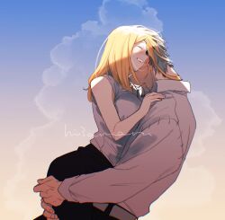 1boy 1girl black_pants black_skirt blonde_hair closed_eyes cloud collared_shirt franken_stein_(soul_eater) gradient_sky grey_hair grin hetero highres hissiu hug long_hair long_sleeves marie_mjolnir pants shirt short_hair skirt sky sleeveless sleeveless_shirt smile soul_eater white_shirt