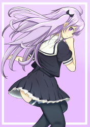 1girl absurdres ahoge ass assault_lily black_bow black_skirt black_thighhighs blush border bow closed_mouth commentary cropped_jacket frilled_skirt frills from_side hair_bow hand_to_own_mouth hands_up highres imagawa_homare inset_border kirikabu_(user_egjh7848) long_hair looking_at_viewer looking_to_the_side miniskirt one_side_up outside_border pleated_skirt profile puffy_short_sleeves puffy_sleeves purple_background purple_eyes purple_hair school_uniform short_sleeves sideways_glance simple_background skirt smile solo standing thighhighs underbust very_long_hair white_border yurigaoka_girls_academy_school_uniform