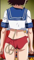 Rule 34 | 00s, anime screenshot, ass, brown hair, buruma, clenched hands, gym uniform, highres, ikkitousen, mature female, mirror, no panties, rug beater, school uniform, short hair, sonsaku goei, stitched, tagme, third-party edit