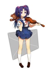 Rule 34 | 1girl, absurdres, blue hair, blue skirt, bow (music), brown shoes, clannad, closed mouth, commentary, full body, hair bobbles, hair ornament, hands up, high-waist skirt, highres, hikarizaka private high school uniform, holding, holding bow (music), holding instrument, holding violin, ichinose kotomi, instrument, kneehighs, letter, loafers, long hair, looking at viewer, mogege gk, parted bangs, purple eyes, red ribbon, ribbon, sailor collar, school uniform, serafuku, shirt, shoes, short sleeves, simple background, skirt, smile, socks, solo, standing, stuffed animal, stuffed toy, summer uniform, suspender skirt, suspenders, teddy bear, two side up, violin, white background, white sailor collar, white shirt, white socks
