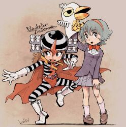 2girls animal_puppet arm_up artist_name belt bird black_bodysuit black_eyes black_hair black_jacket bodysuit boots bow bowtie breasts briefs brown_background brown_eyes brown_hair brown_shoes buttons cape character_name commentary densen_man full_body genderswap genderswap_(mtf) gloves hairband hand_puppet helmet itou_shirou jacket kiichi lapels lightning_bolt_symbol loafers long_hair looking_at_viewer male_underwear medium_hair migoro!_tabegoro!_waraigoro! multiple_girls open_mouth puppet real_life red_bow red_bowtie red_cape red_hairband shadow shirake_dori shirt shoes simple_background small_breasts smile socks standing standing_on_one_leg striped_bodysuit two-tone_bodysuit underwear utility_pole white_bodysuit white_boots white_gloves white_shirt white_socks
