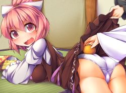 Rule 34 | 1girl, alternate color, alternate hair color, ass, blush, brown dress, chips (food), clothes lift, cosplay, dress, dress lift, embarrassed, food, fruit, fun bo, hair bun, hair ribbon, image sample, kagami mochi, kurodani yamame, long sleeves, lying, mandarin orange, md5 mismatch, mystia lorelei, mystia lorelei (cosplay), on floor, on stomach, open mouth, orange (fruit), panties, pink eyes, pink hair, player 2, potato chips, puffy sleeves, resized, resolution mismatch, ribbon, single hair bun, solo focus, source larger, touhou, underwear, wavy mouth, white panties