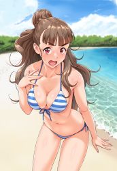 1girl bare_shoulders beach bikini blue_sky blunt_bangs blush braid breasts brown_hair cleavage cloud collarbone cowboy_shot day embarrassed female_focus front-tie_bikini_top front-tie_top gluteal_fold hair_bun highres idolmaster idolmaster_cinderella_girls kamiya_nao long_hair looking_at_viewer medium_breasts navel nigou open_mouth outdoors red_eyes side-tie_bikini_bottom single_hair_bun sky solo standing striped_bikini striped_clothes sweatdrop swimsuit thick_eyebrows water
