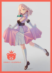 1girl bear blue_eyes breasts ceras_yanagida_lilienfeld chromatic_aberration closed_mouth clothes_lift crown dancing dress dress_lift elbow_gloves eyelashes gloves grey_hair hair_ribbon happy_birthday highres large_breasts link!_like!_love_live! loafers long_hair looking_to_the_side love_live! macken666 ribbon shoes smile smirk socks solo two-tone_dress white_socks