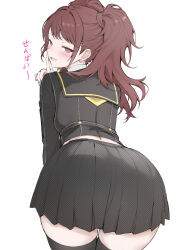 1girl absurdres ass ass_focus black_skirt brown_eyes brown_hair drunk earrings highres jewelry kujikawa_rise littlehobby persona persona_4 pleated_skirt short_twintails simple_background skirt solo translation_request twintails white_background