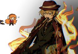 1boy 2girls black_gloves black_shirt blonde_hair chibi coat e.g.o_(project_moon) fedora formal_clothes full_body gloves gun gun_in_mouth hair_ribbon hat headband highres holding holding_gun holding_weapon imminent_suicide ishmael_(project_moon) kampuzu limbus_company long_hair magic_bullet_(e.g.o) multiple_girls necktie open_mouth orange_hair outis_(project_moon) project_moon red_coat red_hat red_necktie red_suit ribbon shirt short_hair sinclair_(project_moon) suit sweat thumb_(identity)_(project_moon) weapon white_ribbon yellow_eyes