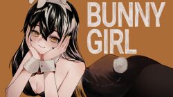 1girl animal_ear_hairband animal_ears black_hair black_leotard black_pantyhose breasts brown_background bunny_girl_(akasaki) cleavage closed_mouth commentary detached_collar double-parted_bangs english_commentary english_text eyelashes fake_animal_ears fake_tail fingernails hair_between_eyes hairband hands_on_own_cheeks hands_on_own_face head_rest indie_virtual_youtuber leotard long_bangs long_hair looking_at_viewer lying on_stomach pantyhose playboy_bunny rabbit_ear_hairband rabbit_ears rabbit_tail smile sofieru sofieru_(artist) solo song_name strapless strapless_leotard tail white_hairband white_wrist_cuffs wrist_cuffs yellow_eyes yellow_nails