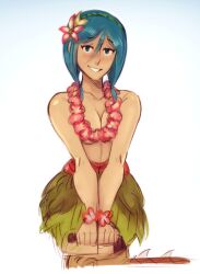 1girl breasts chainsaw cleavage flower flower_necklace grass_skirt grin indivisible lei leilani medium_breasts skirt smile suggestive_look vhkaneweer weapon