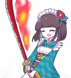 2girls :d ^_^ apron blunt_bangs blush brown_hair chibikki closed_eyes commentary doodle_inset facing_viewer fire flaming_weapon flower frilled_apron frills hair_flower hair_ornament holding holding_sword holding_weapon iroha_(rune_factory) japanese_clothes katana kimono long_sleeves maid maid_headdress matsuri_(rune_factory) multiple_girls open_mouth red_flower rune_factory rune_factory:_guardians_of_azuma short_hair simple_background smile solo_focus sword translation_request wa_maid weapon white_apron wide_sleeves yagasuri
