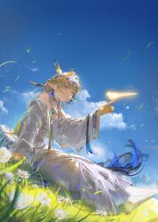 1girl absurdres arknights bare_shoulders bird bird_on_hand blonde_hair blue_sky brooch brown_choker choker cloud dragon_girl dragon_horns dress eastern_dragon_horns flower gloves grass hair_between_eyes highres horns jewelry liebebento_(dosilan) long_hair long_sleeves looking_at_another on_grass pointy_ears shu_(arknights) shu_(bingwenyuyou)_(arknights) sitting sky socks solo white_dress white_socks wide_sleeves yellow_eyes yellow_gloves