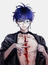1boy black_hair blood blood_on_chest blue_eyes blue_hair collarbone ear_piercing earrings face_piercing fingernails grin hair_between_eyes hand_up japanese_clothes jewelry lip_piercing looking_at_viewer male_focus messy_hair multicolored_hair omokage_yugamu one_eye_covered open_clothes piercing simple_background smile solo solo_focus stitches teeth the_hundred_line_-last_defense_academy- upper_body white_background wounds