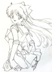 1girl absurdres aino_minako back_bow bishoujo_senshi_sailor_moon bow choker earrings from_behind gloves grabbing_own_ass highres i4teruz jewelry long_hair pleated_skirt sailor_collar sailor_senshi_uniform sailor_venus sketch skirt smile solo white_gloves