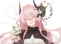 &gt;_&lt; 3girls absurdres animal_ears arknights black_hair black_horns breasts cat_ears cat_girl chibi chibi_on_head cleavage_cutout clothing_cutout commentary dress green_dress heart highres holding_chibi horns kal&#039;tsit_(arknights) large_breasts long_hair material_growth mon3tr_(arknights) multiple_girls on_head oripathy_lesion_(arknights) pink_hair simple_background smile textless_version theresa_(arknights) uof very_long_hair white_background white_dress