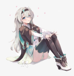1girl :d black_hairband black_jacket black_thighhighs commentary_request elphe firefly_(honkai:_star_rail) grey_background grey_hair hairband high_heels highres honkai:_star_rail honkai_(series) jacket knees_up long_hair long_sleeves looking_at_viewer open_mouth pink_eyes shirt simple_background sitting smile solo thighhighs very_long_hair white_shirt
