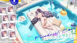 1girl artist_request ass azur_lane barefoot bikini bird black-framed_eyewear black_bikini black_horns breasts cake cake_slice character_name commentary copyright_name cup curled_horns english_commentary english_text feet flower food friedrich_carl_(azur_lane) friedrich_carl_(tender_summer_care)_(azur_lane) from_above from_behind fruit glasses hair_flower hair_ornament highres holding_with_feet horns lime_(fruit) lime_slice long_hair looking_at_viewer looking_back lying manjuu_(azur_lane) mole mole_on_breast mole_under_mouth multiple_expressions nail_polish official_alternate_costume official_art on_stomach pool promotional_art purple_hair red_flower semi-rimless_eyewear side-tie_bikini_bottom soles sunglasses swimsuit thighs unworn_eyewear very_long_hair water wet
