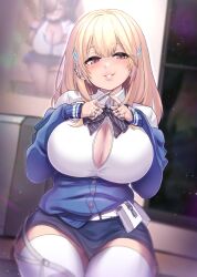 2girls absurdres blonde_hair blue_bow blush bow bowtie breasts brown_eyes cleavage goddess_of_victory:_nikke hair_ornament highres huge_breasts jewelry kazukoto large_breasts long_hair looking_at_viewer multiple_girls naga_(nikke) shirt smile tia_(nikke) white_shirt