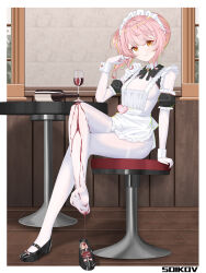 1girl absurdres alcohol bodystocking bodysuit bottle cropped_legs cup drinking_glass highres maid no_shoes original pantyhose pink_hair red_wine soles white_pantyhose wine wine_bottle wine_glass zhthktk